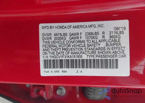 2019 Honda Accord Sport z USA, uszkodzony, nr VIN 1HGCV1F31KA151935